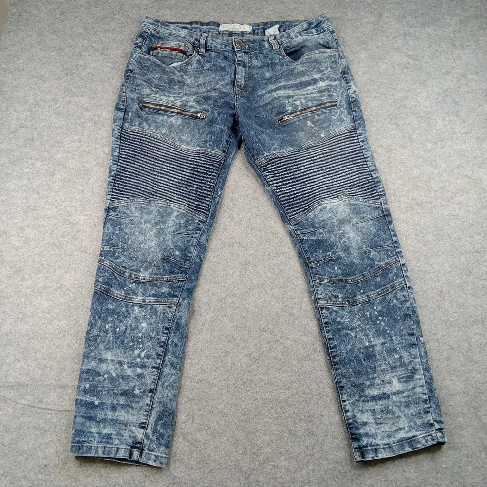 Akademiks Jeans Mens‎ 38x29 Jeanius Acid Wash Moto Biker Straight Stretch Denim